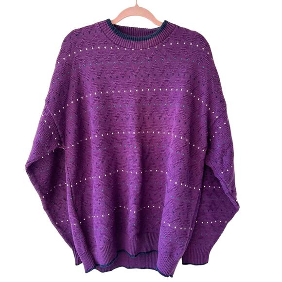 Andhurst Mens 90s Knit Cotton Sweater Purple Dot Stripe Size Large Grandpa Retro - Picture 1 of 5